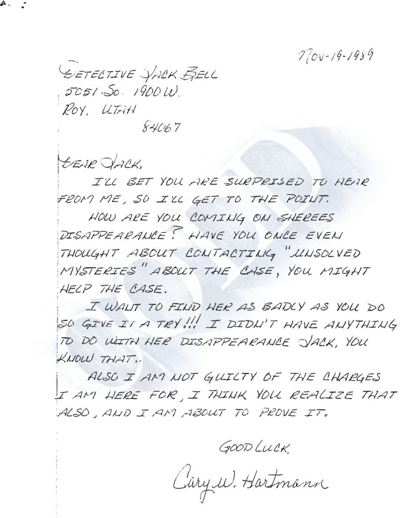 Cary Hartmann prison letter detective Jack Bell