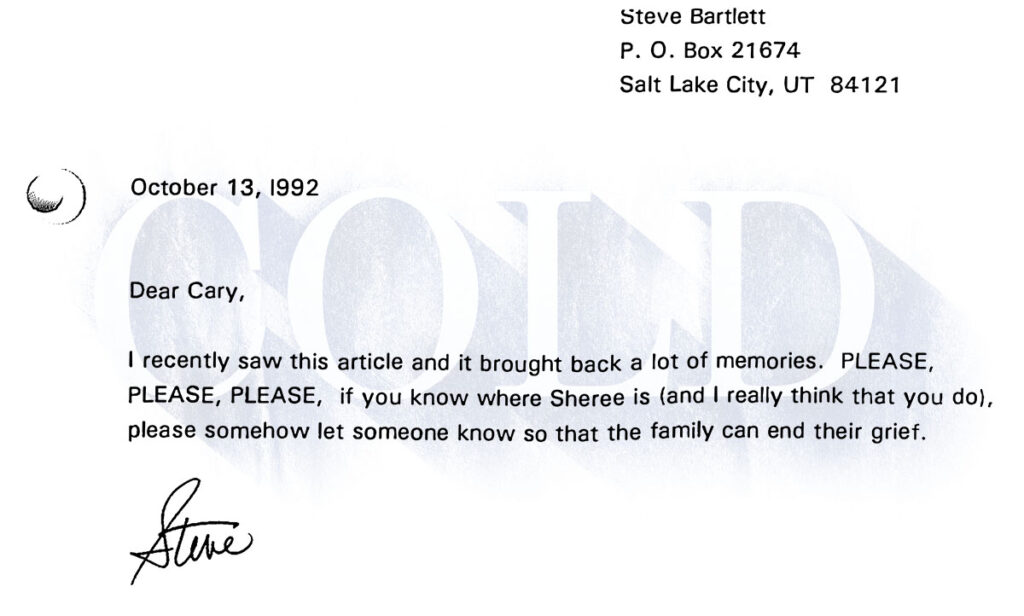 Cary Hartmann letter Steve Bartlett Sheree Warren murder