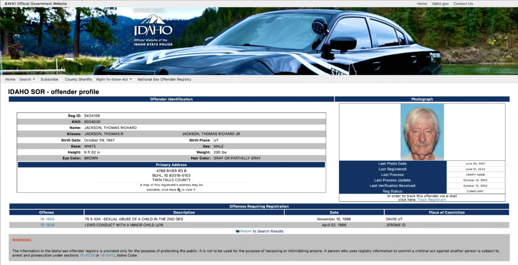 Tom Jackson Idaho sex offender registry